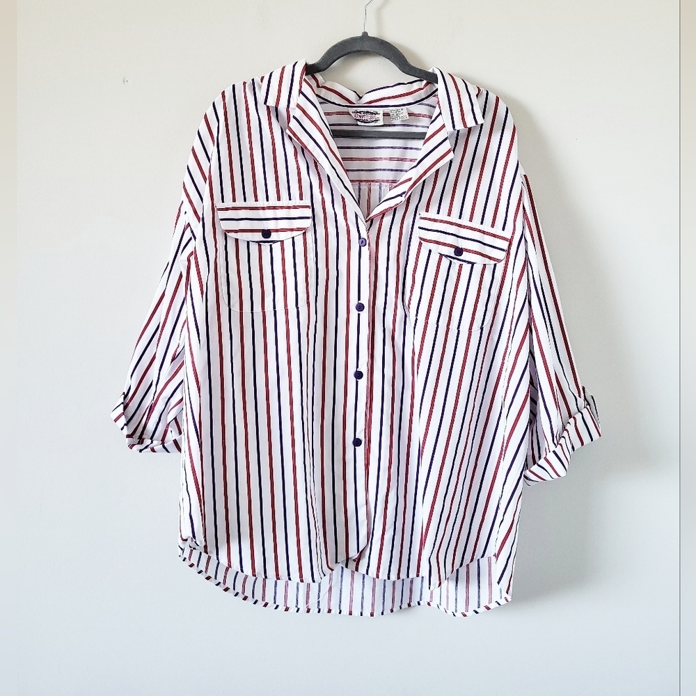 Striped Button-Front Women’s Shirt - White with Red & Navy Stripes